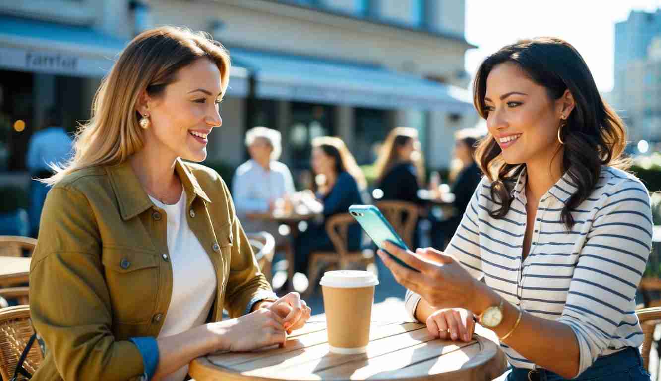 Two women outside having a coffee. One holding her phone. They are chatting about investments.