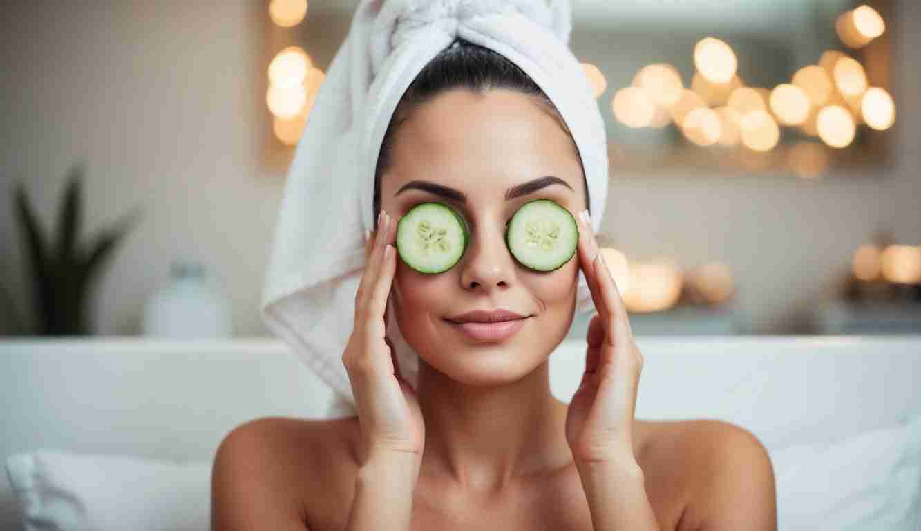 Woman with cucumbers on her eyes and her hair is in a towel. Represents Financial Self care