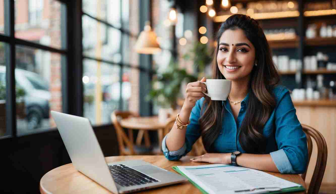 Young lady in coffee shop. She has a clipboard on the table and is doing her 5 min spending plan. She has a laptop open and is sipping from a cup