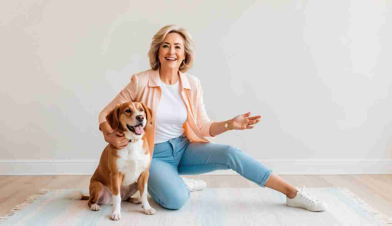 Happy middle aged lady playing with her dog. She is now feeling more financially confident