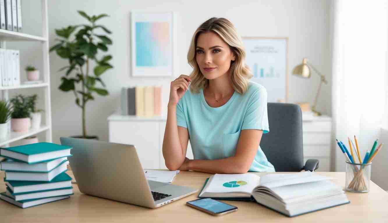 lady starting to get confident with her finances. She is sitting at a desk in her home office looking pleased with herself.