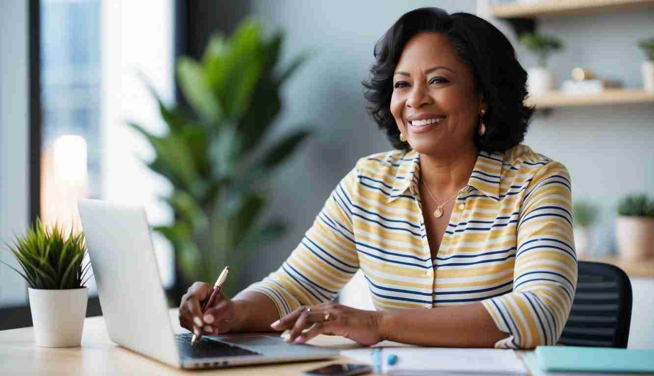 Older lady smiling sitting at a table and doing her budget. She's wearing a stripy shirt and there's a pot plant on her desk.