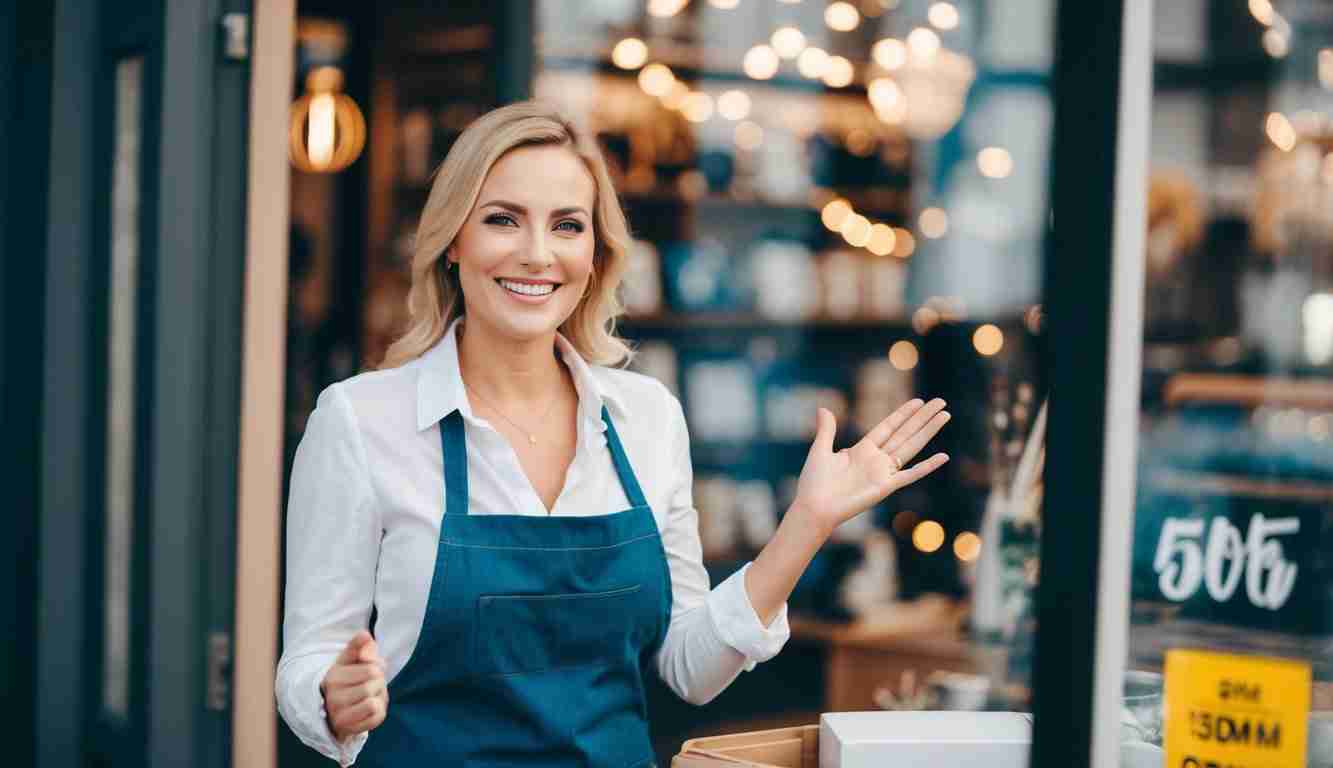 A female business owner opening her shop for the day. She is wearing a white shirt and a navy blue apron and she is looking happy.