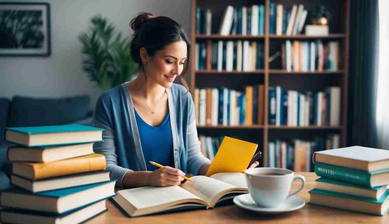 A lady learning about financial literacy. She is in her lounge room sitting at a table and has a cup of tea and books next to her on the table