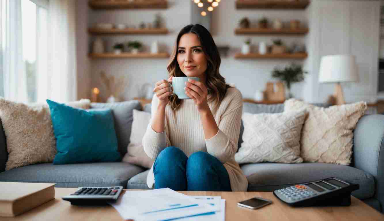 A lady sipping a cup of tea on her couch. There are bills and calculator on the coffee table in front of her. She is doing her budget and taking a break