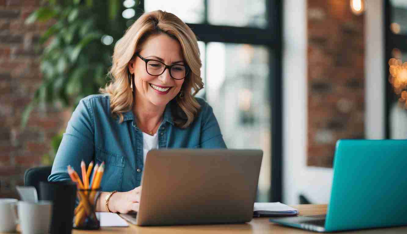 A lady sitting at a desk working on her side hustle on her laptop. She is smiling and wearing black glasses, she has a denim shirt on