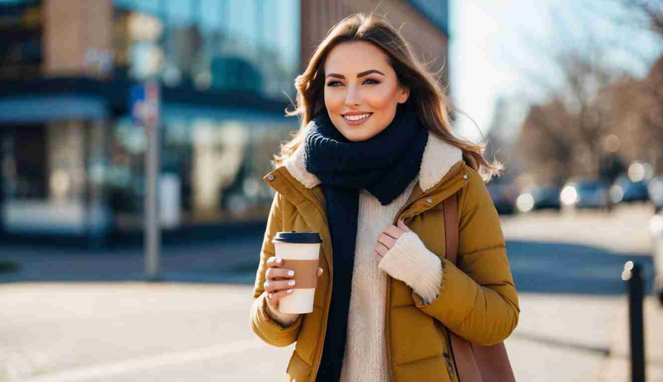 A lady wearing a winter coat and holding a takeaway coffee