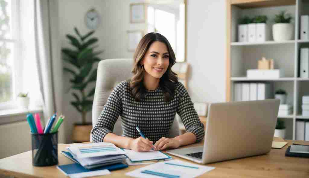 A lady with brown hair in her home office. She is sitting at her desk with her laptop open. She is holding a pen and is writing in a note book. She is planning her financial independence.