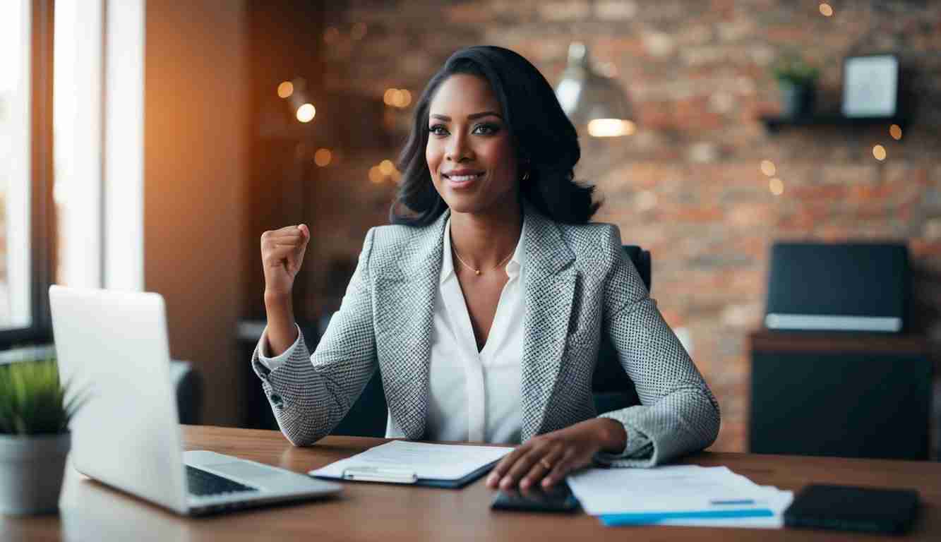 A woman in a suit at a desk with her laptop open. She is holding her fist up like Yes I started earning what I'm worth.