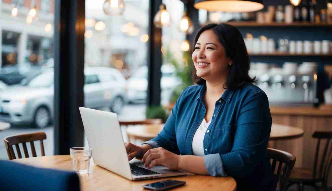 A woman working at a table in a cafe. She is smiling because she's happy she's earning what she is worth