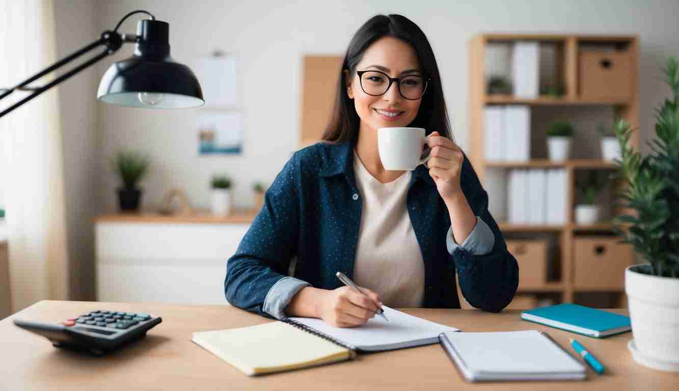 A lady in her home office doing some financial planning. She is wearing glasses and is holding a hot drink. She is writing in her note book.