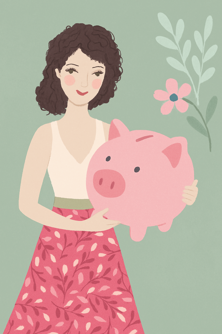 A lady holding a giant pink piggy bank. She is looking for ways to earn more money.