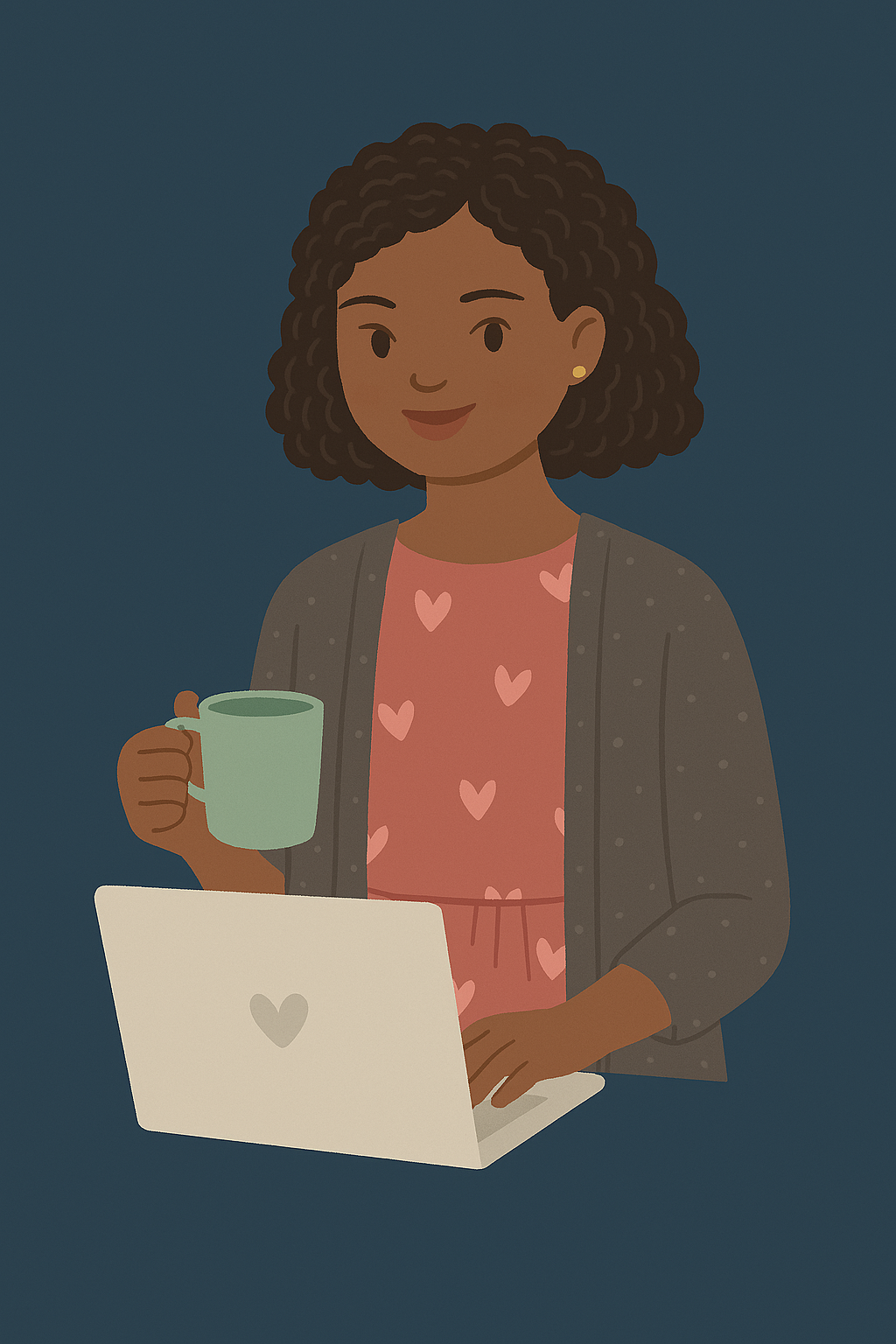 A lady holding a cup while she works on her side hustle on her laptop. She wants to earn extra money.