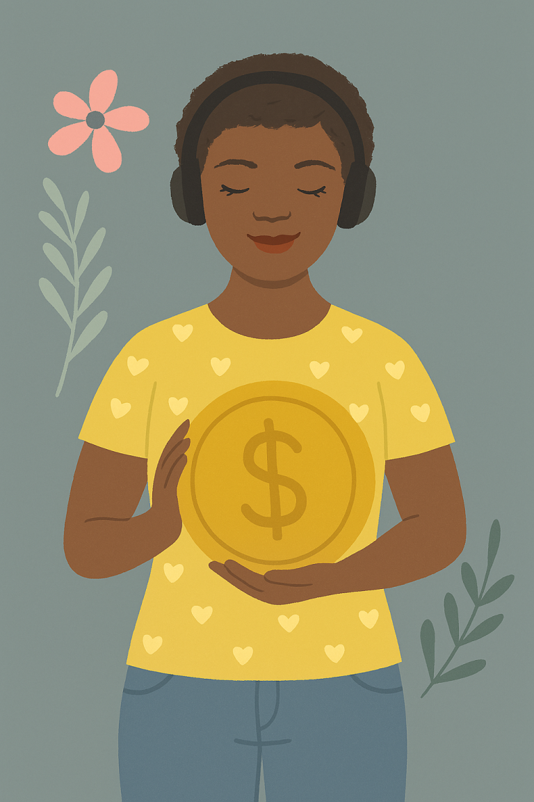 A lady listening to a podcast in her headphones. She is wearing a yellow tshirt and is holding a large coin. She is learning how to earn more money from a side hustle