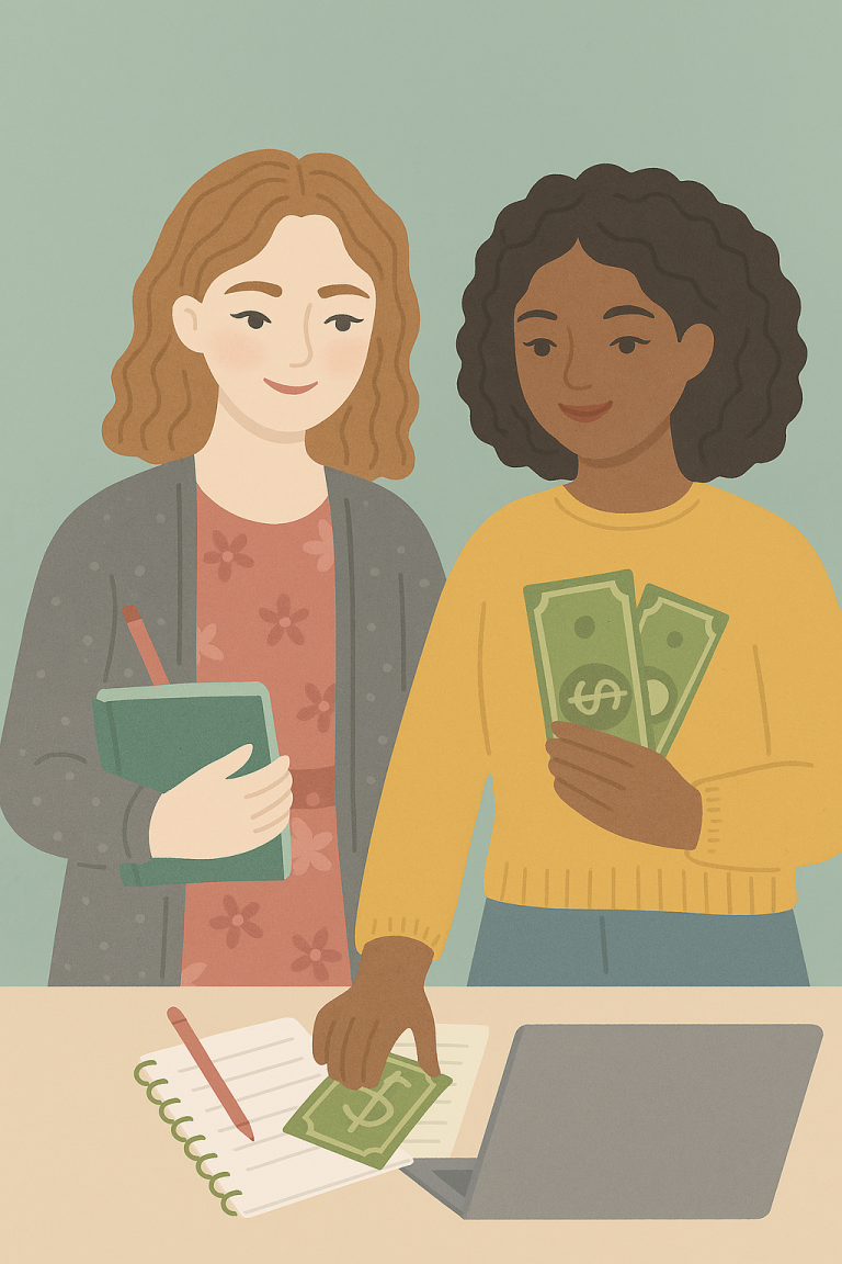 Two friends working on their side hustle to earn extra money. One is holding some cash and the other a notepad and pen. There's a laptop on the table in front of them.