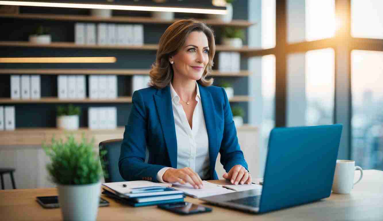Female business owner in her corporate office. She has a laptop open and notebooks on her desk. She is doing her business finances and feeling confident.