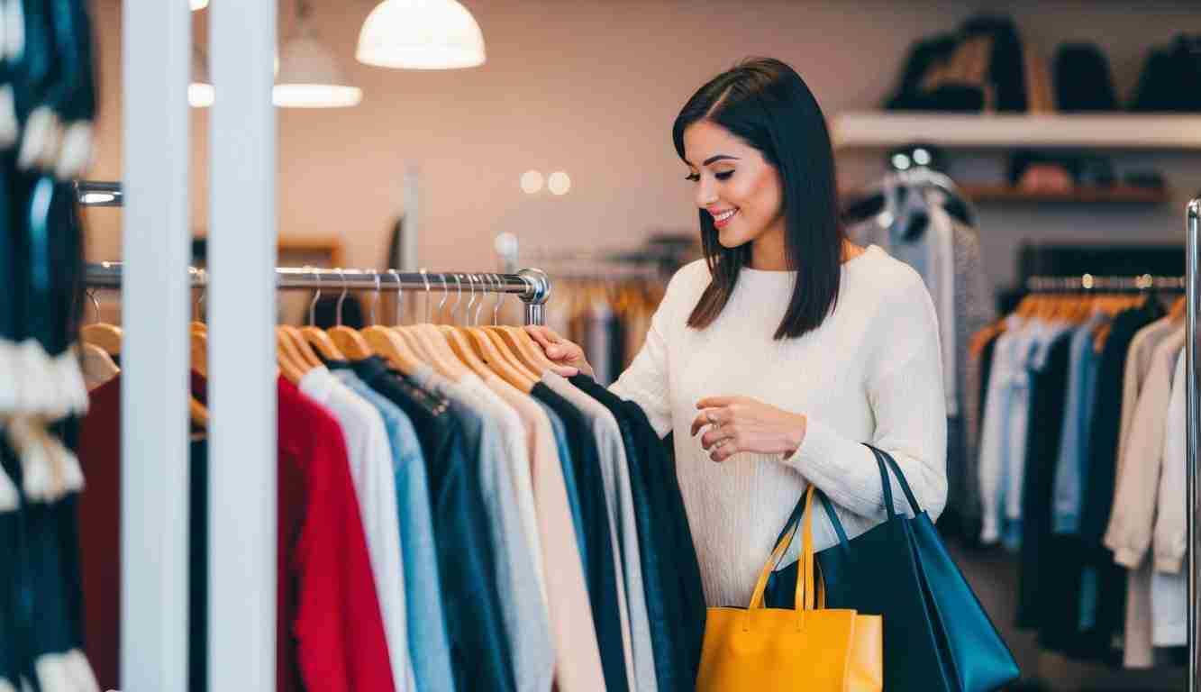 Image of a lady shopping for clothes. She has a few bags with her and is looking at something on the rack.