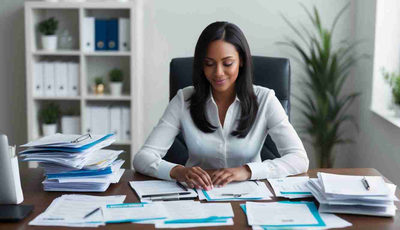 Lady starting to take control of her finances now she has her money mindset right. Shes sitting at a desk with a small smile on her face surrounded by papers.