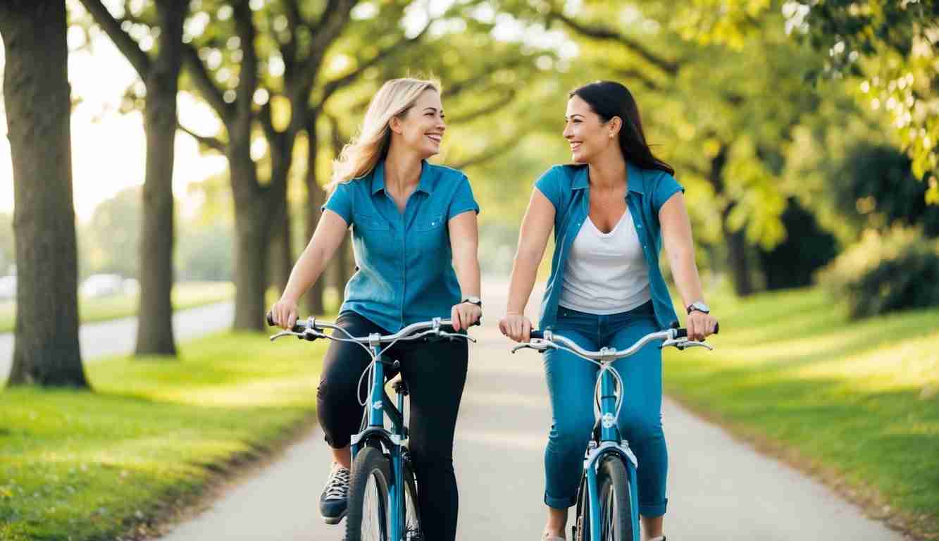 Two friends riding their bikes together. Represents freedom from financial worries