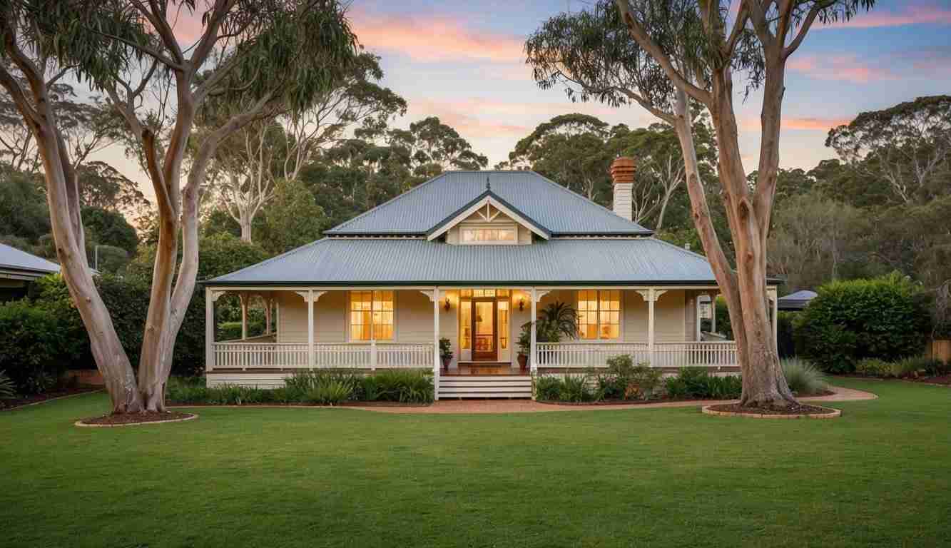 Values Based Saving for a house Image is of a cute single story house with a wraparound verandah. There are gum trees either side