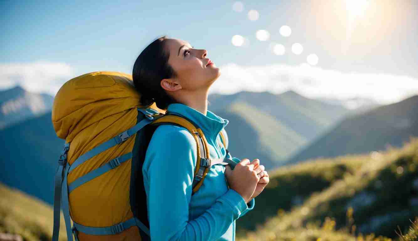 A lady going for a hike. She has a yellow rucksack and it's sunny. She is looking up as if she has a long way to go and is psyching herself up to keep going. Represents the long road to pay off debt and save money