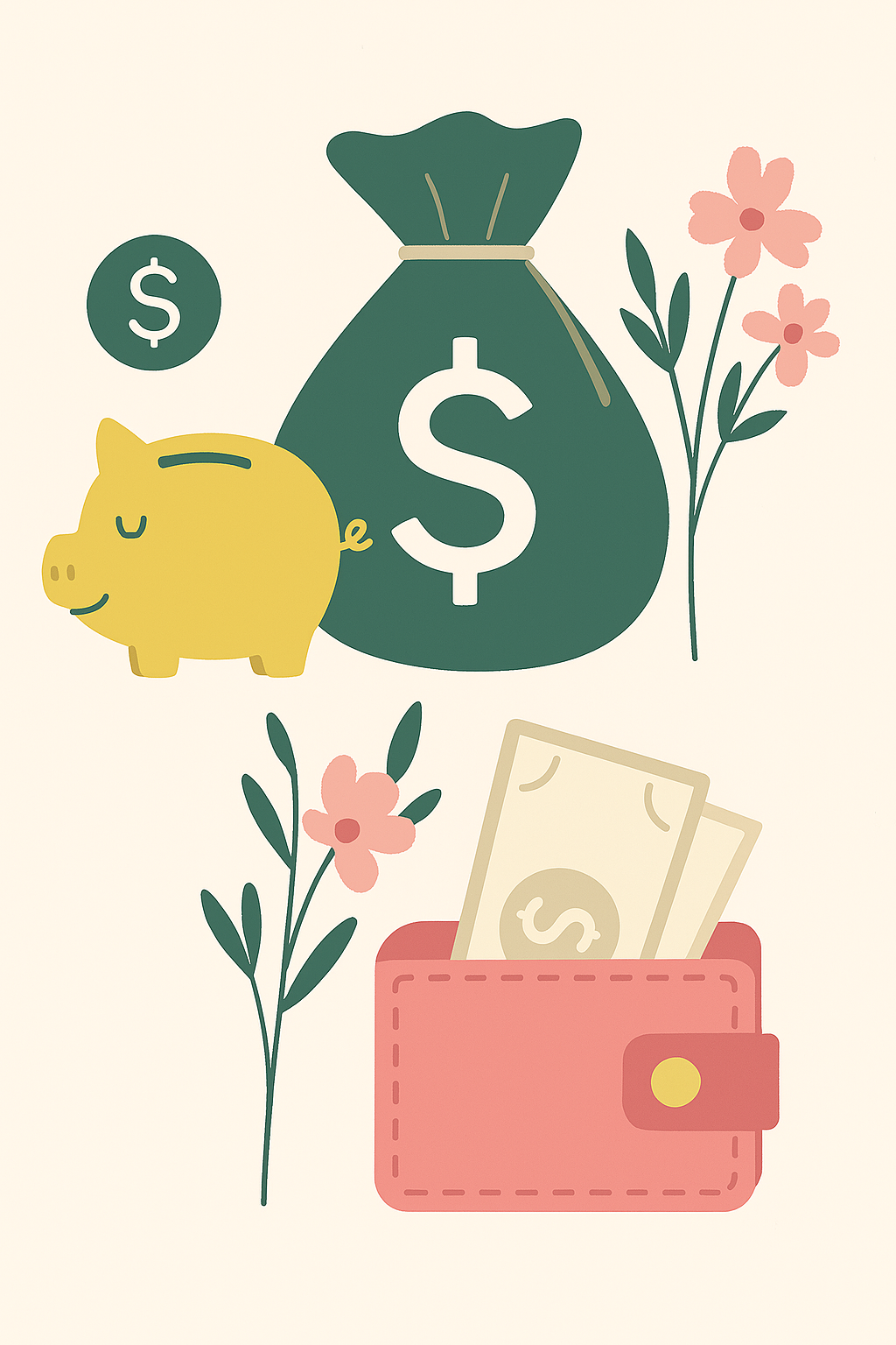 A bag of cash with a dollar sign on it, a small yellow piggy bank, a coin, a pink wallet with notes sticking out, some beautiful flowers on a light pink background