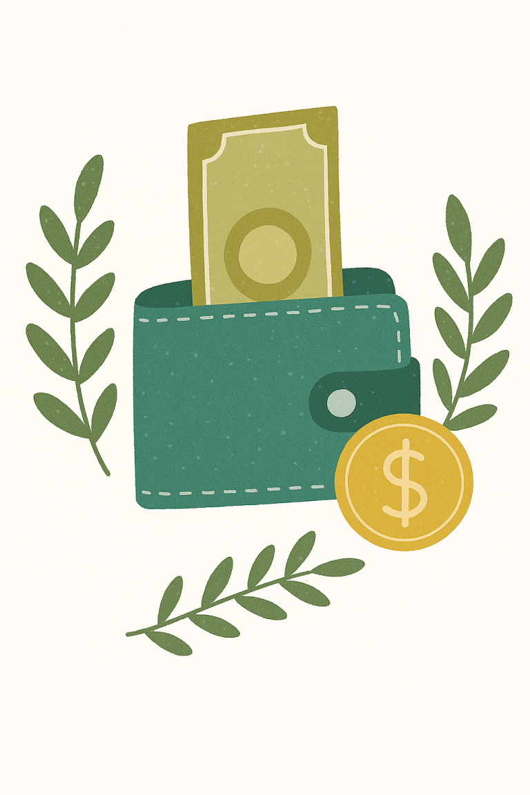 A green wallet with a note sticking out of it. There are some leaves surrounding the wallet and there is a gold coin next to it.
