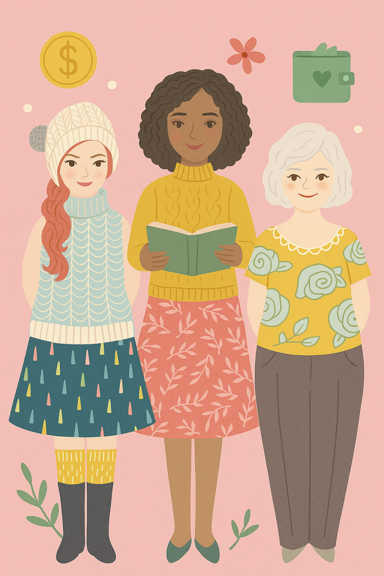 A group of 3 different type of Finance Girlies surrounded by coins, leaves, flowers and cute little wallets