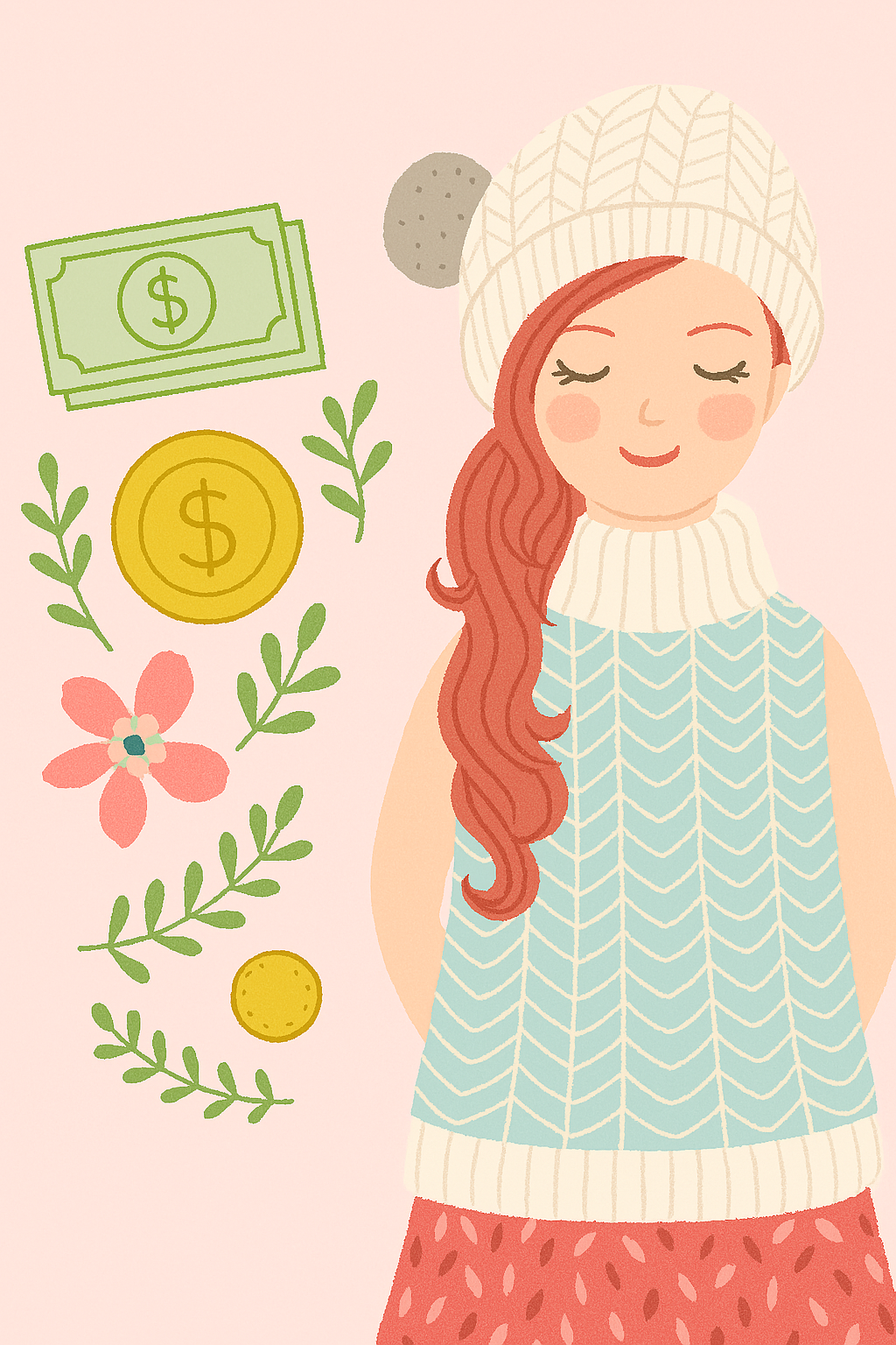 Girl with long red hair wearing a beanie. Her eyes are closed and she looks calm. There are coins, and notes as well as flowers and leaves next to hear. Representing Budgeting and Saving