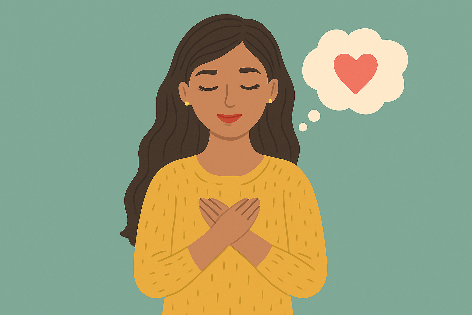 Illustration of a lady who is financially confident with her hands crossed over her chest. She has her eyes closed and there is a heart in a thought bubble. She is working on her money mindset.