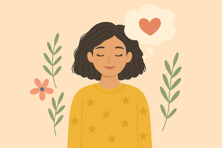 An illustrated image representing Money Mindset and confidence. It pictures a lady with a bob who is surrounded in flowers and leaves. She is thinking about her finances and there is a heart inside a speech bubble above her head. Her eyes are closed and she is at peace.