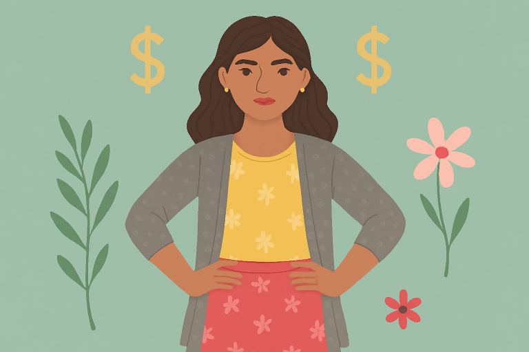 Money Mindset and Confidence Illustrated Image. Lady has her hands on her hips looking straight at the camera. She is confident about money now as she's got a strong money mindset. She has dollar signs and flowers around her. She has a determined look on her face
