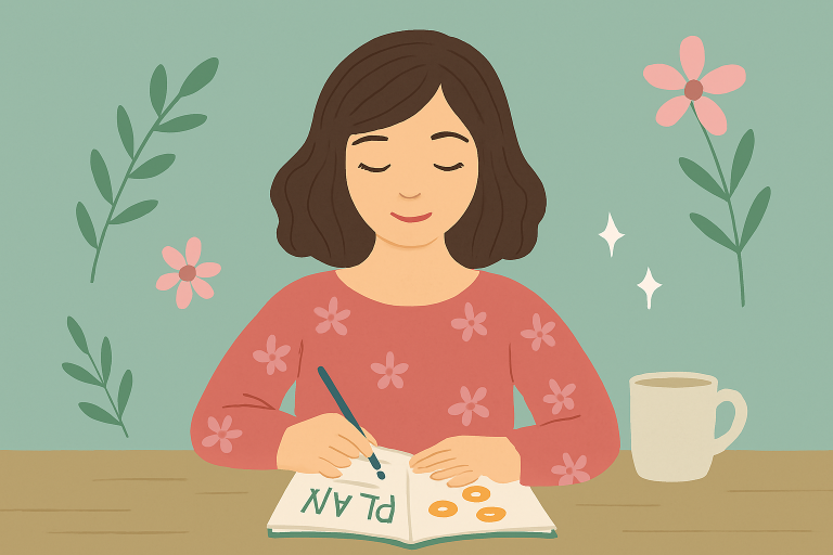 Money Mindset illustrated image. A lady with shoulder length hair is writing in her notebook. You can see the word plan in it as she's making a plan to work on her money mindset. She has a cup of hot drink next to her. She looks calm and happy and has flowers and leaves around her.
