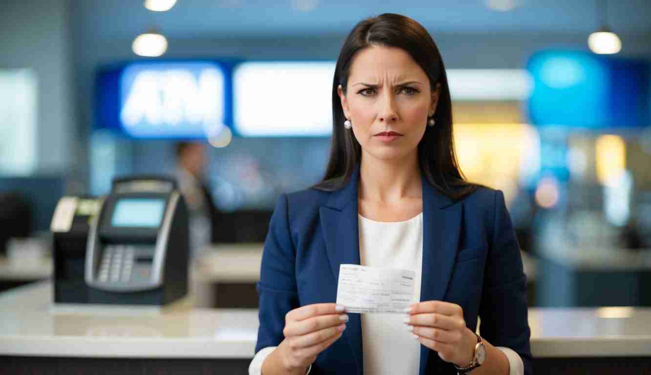 Annoyed lady who is holding a ATM slip with a sad look on her face. She is living paycheck to paycheck