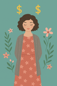 A lady with a red dress and a grey cardigan she has her eyes closed and is working on her money mindset and confidence.