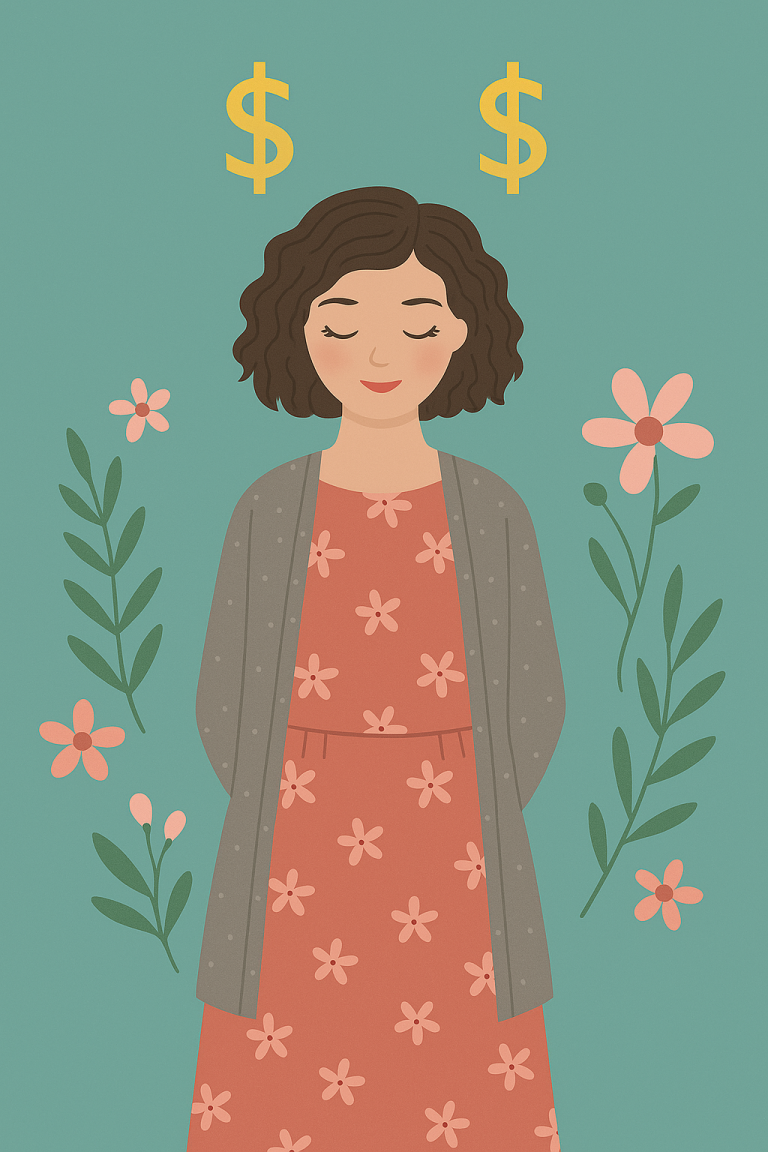 A lady with a red dress and a grey cardigan she has her eyes closed and is working on her money mindset and confidence.