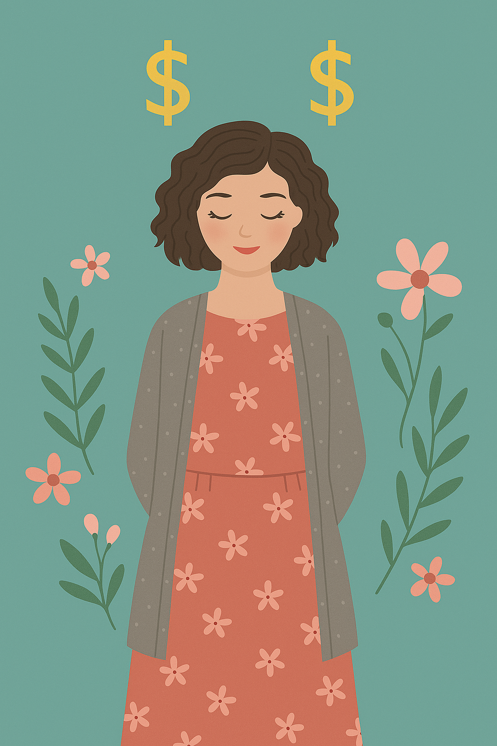 A lady with a red dress and a grey cardigan she has her eyes closed and is working on her money mindset and confidence.