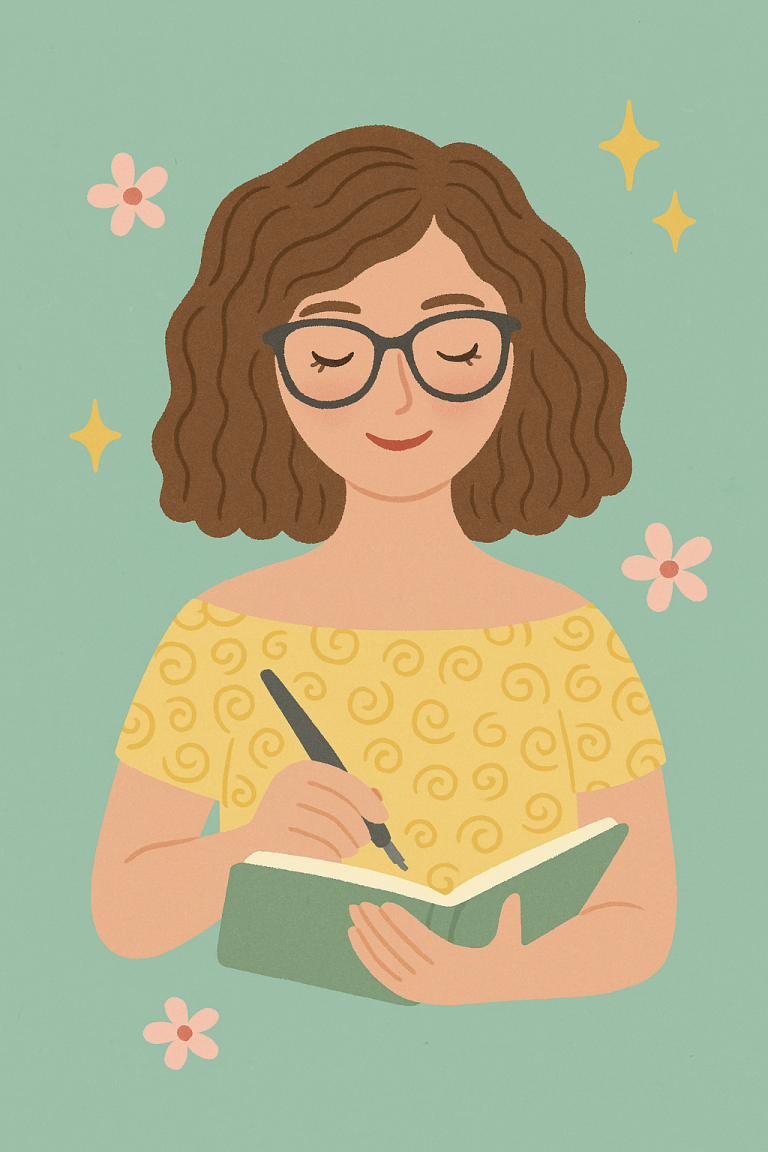 A lady with a brown bob wearing a yellow top and black glasses is writing in her money mindset journal. She has tiny pink flowers and sparkles around her for added effect.