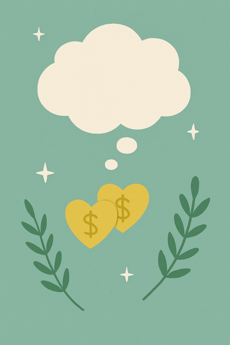 Image represents Money Mindset with two yellow heart "coins" that have dollar signs inside with a thought bubble above. There are sparkles around the image.