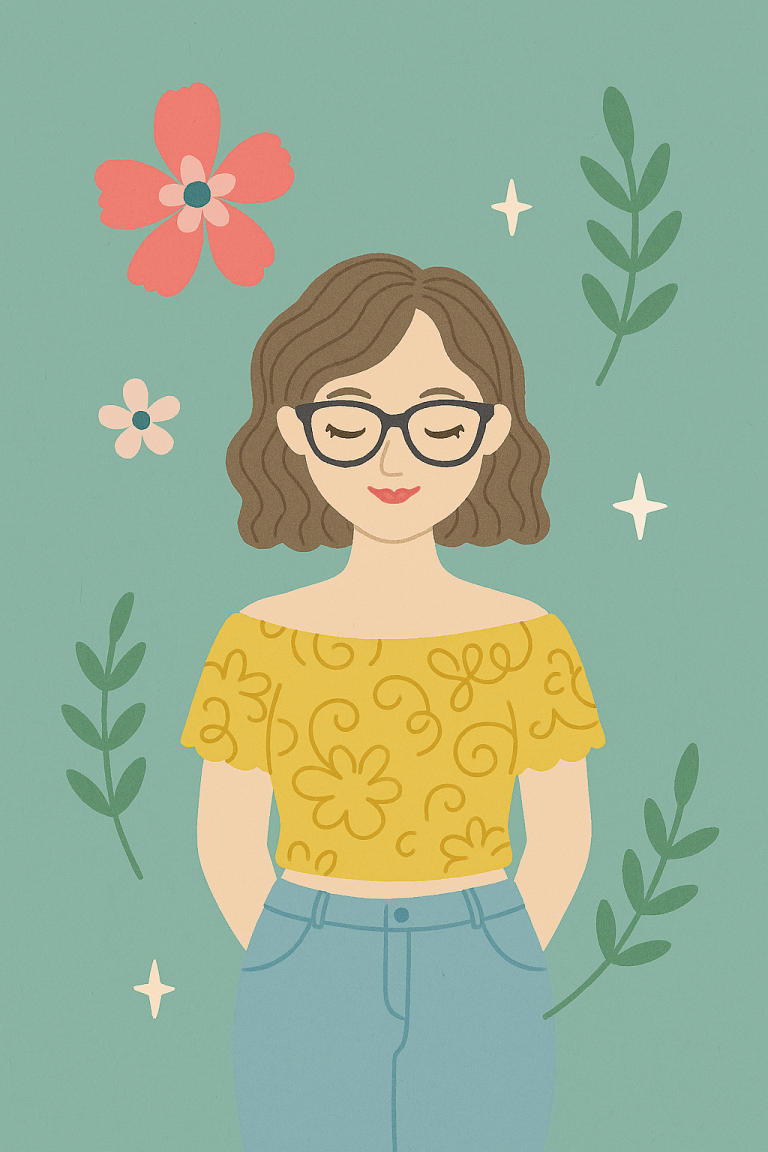 Young lady with a brown bob and glasses, wearing a yellow top and jeans has her eyes closed and is working on her money affirmations. She is surrounded by cute little flowers, leaves and sparkles.