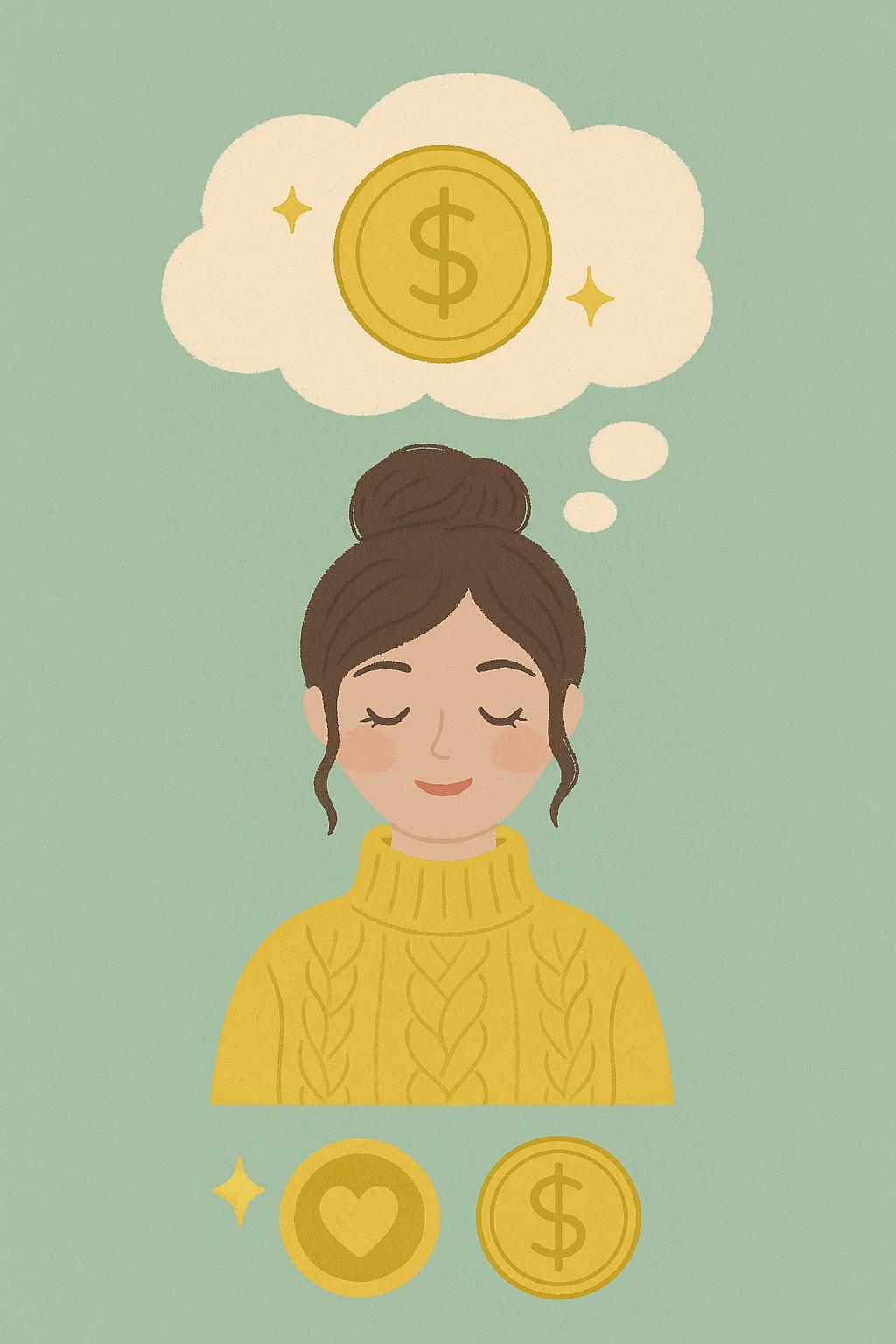 A lady with brown hair in a top knot. She is wearing a yellow turtleneck jumper and is visualising a coin in a thought bubble above her. She is working on her money mindset