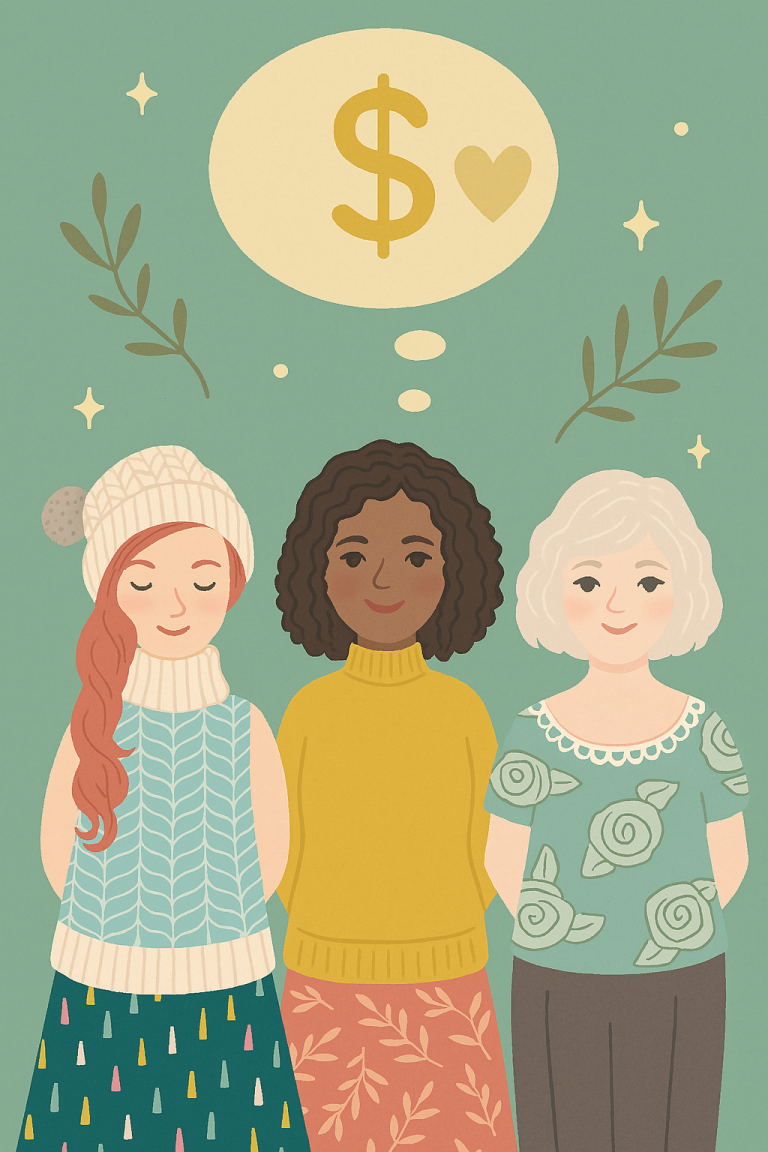 Group of Finance Girlies working on their Money Mindset and standing confidently together. They have a thought bubble above them with a dollar sign and a heart inside.