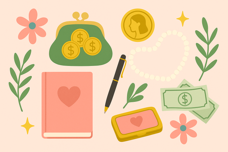 Various images to represent feminine wealth. A coin purse, a pink notebook w a heart, flowers, cash notes