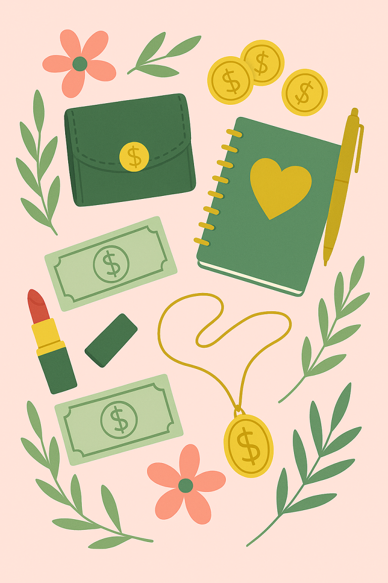 Feminine Wealth Flat Lay Portrait Image of various money related items, paper cash notes, coins, a diary with a gold heart on it, some leaves and flowers and a wallet