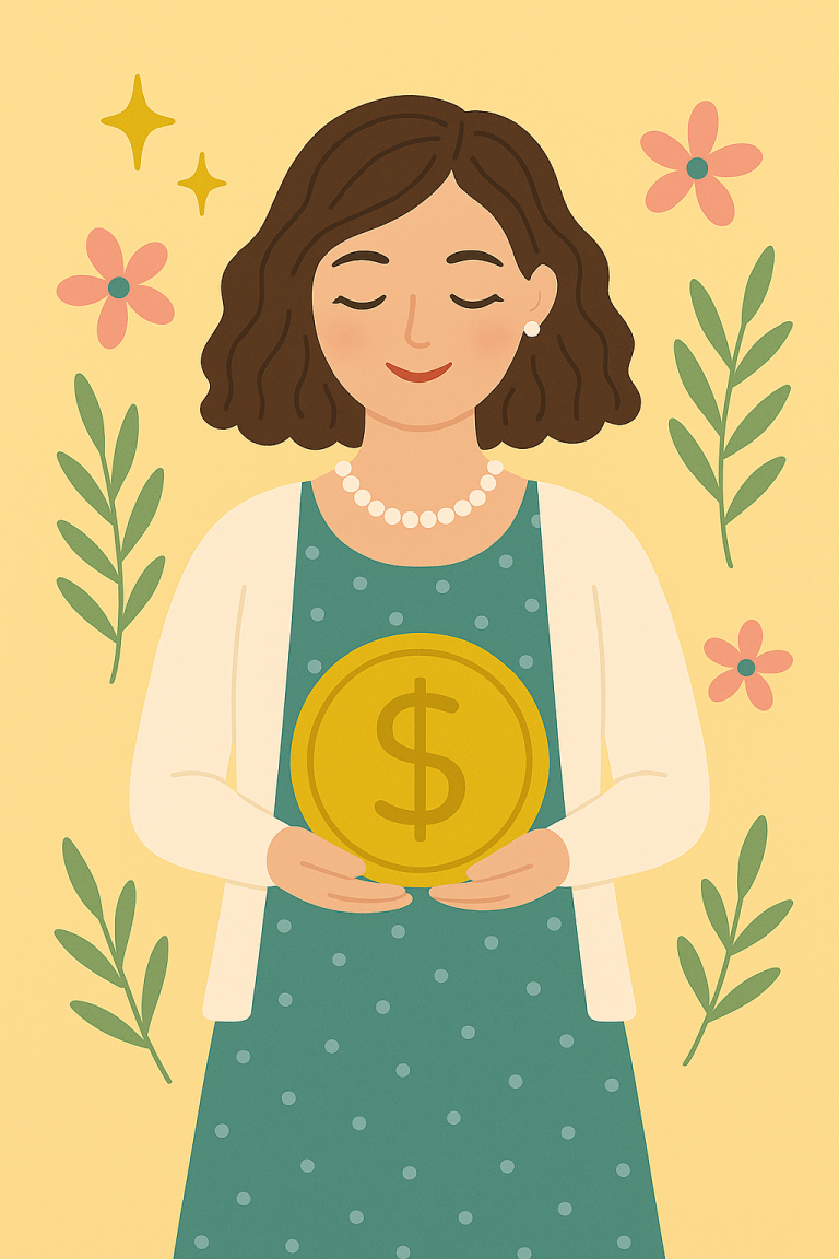 Feminine Wealth Lady in Green Dress Holding a Coin
