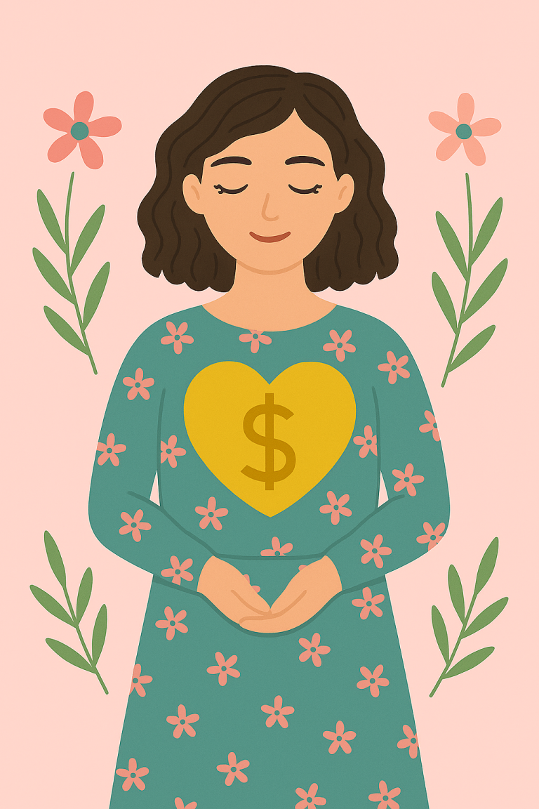 Image Represents Feminine Wealth. Lady wearing a green dress is holding her hands like a cradle and there's a heart shaped coin nestled inside.
