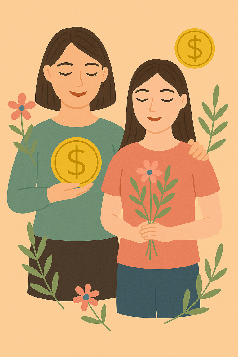 Image representing Feminine Wealth. A Mother and Daughter are both working to improve their financial skills