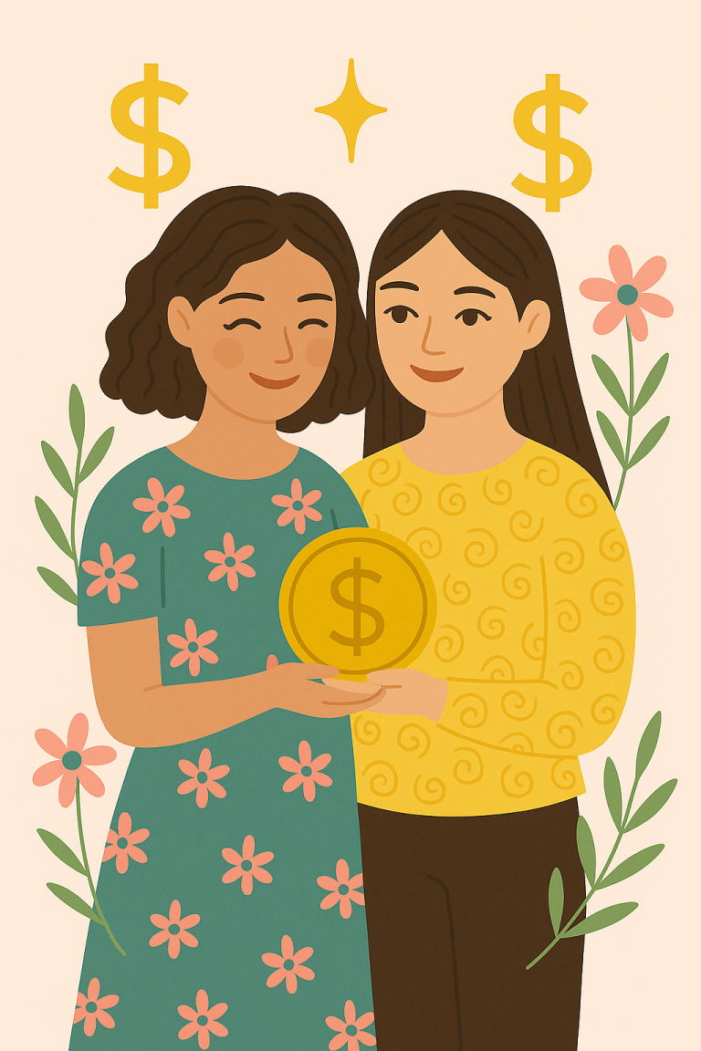 Image representing Feminine Wealth Two Friends Supporting Each Other They're Hugging and Holding a Coin