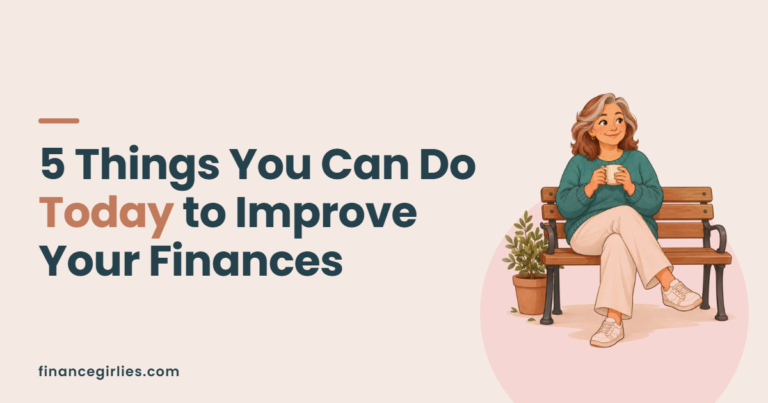 Illustration of a woman holding a mug on a park bench, relaxed, for a post on five things you can do today to improve your finances.