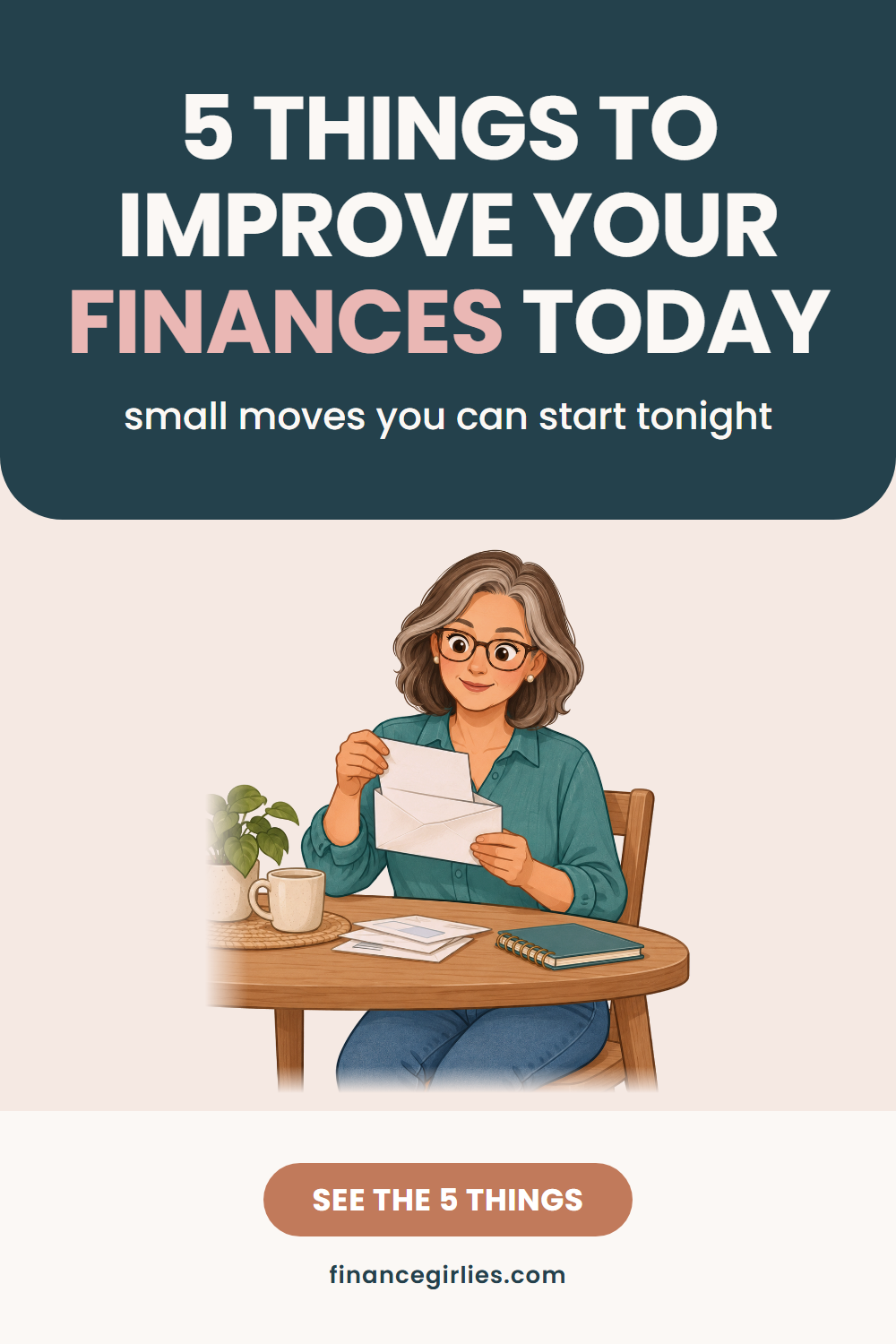 Pin with butter-yellow bands top and bottom: the words 5 money things to do tonight in large navy type, the line about ten minutes each, an illustrated woman smiling at her phone in an armchair, and a navy button reading see the 5 things.